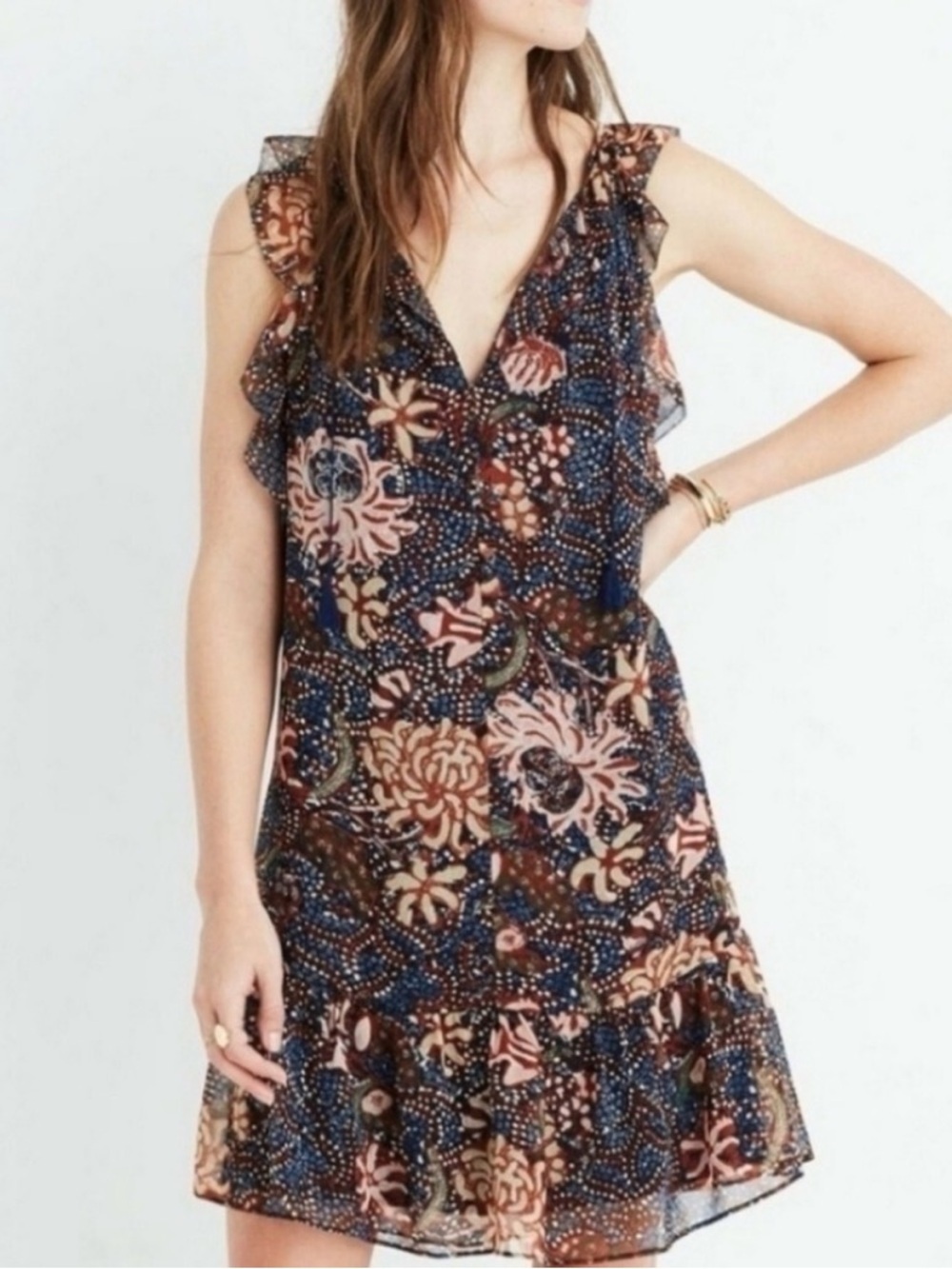 Madewell Floral V-Neck Ruffle Mini Shift Dress Size XS